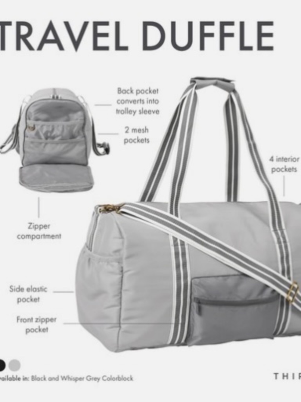 Thirty-One Travel Duffle Whisper Gray Colorblock NEW Gym Bag Weekender Carry-On